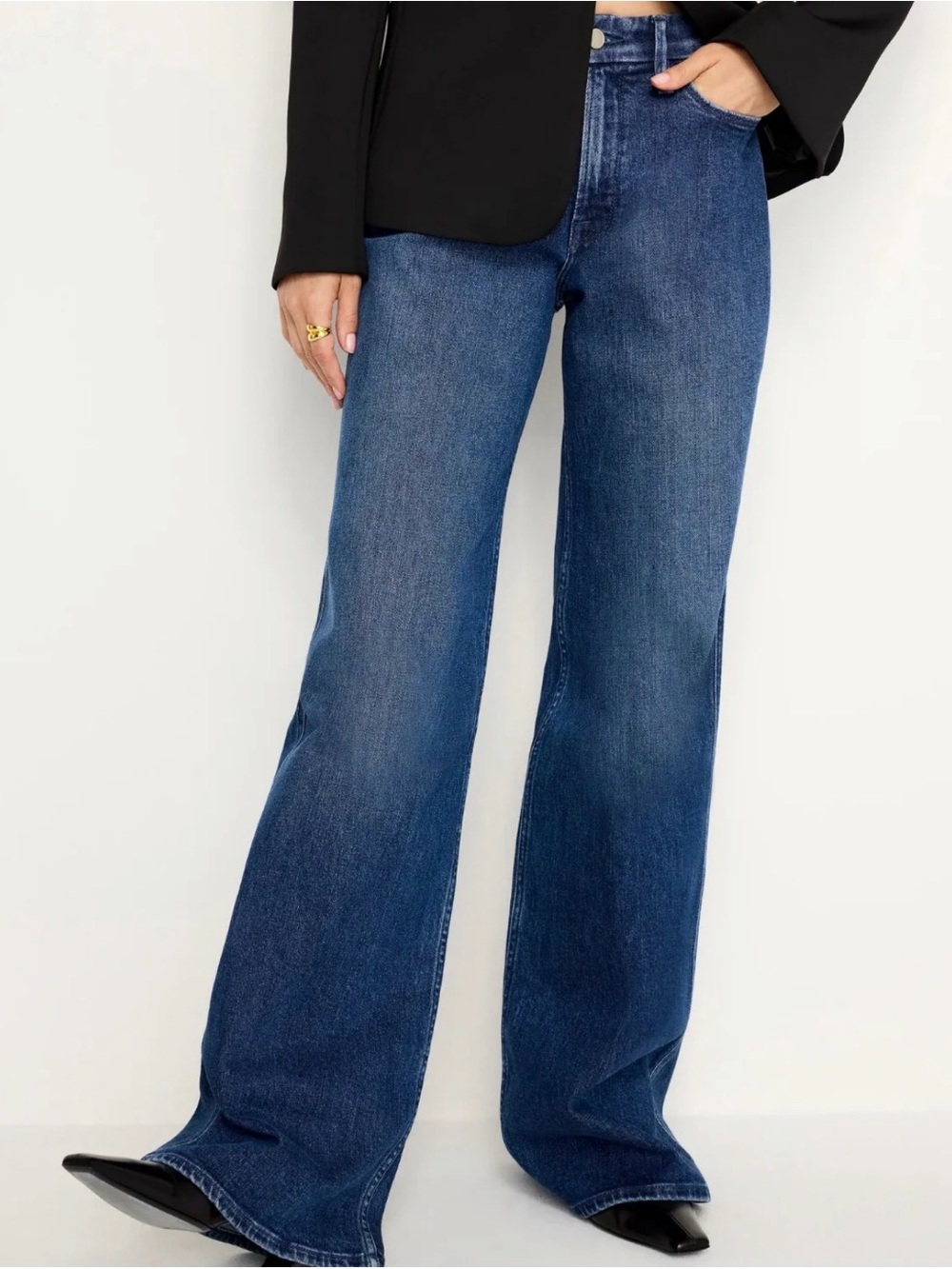 Good American Good Skate stretch Dark Blue Flared Wide Leg Jeans 0 / 25